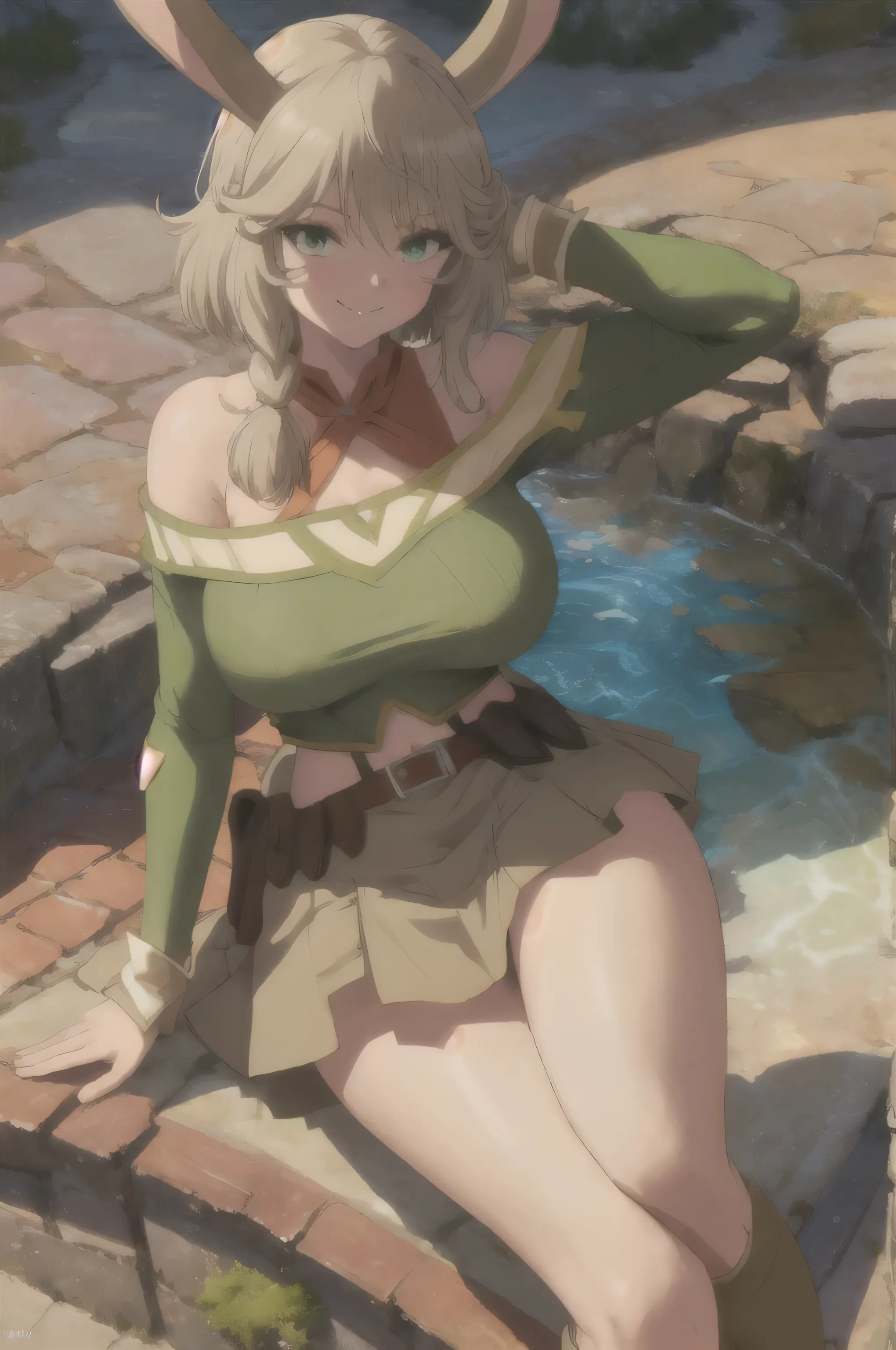 masterpiece, 8K Anime,super detailed, High resolution, 1 girl, alone, (hntsadlhorn, bare shoulders), green eyes, smile, (huge breasts:1.1), green under uniform＿superior, (skirt, very detailed),white panties, (legs spread:1.7, sexy pose),looking at the viewer, whole bodyショット, whole body, 