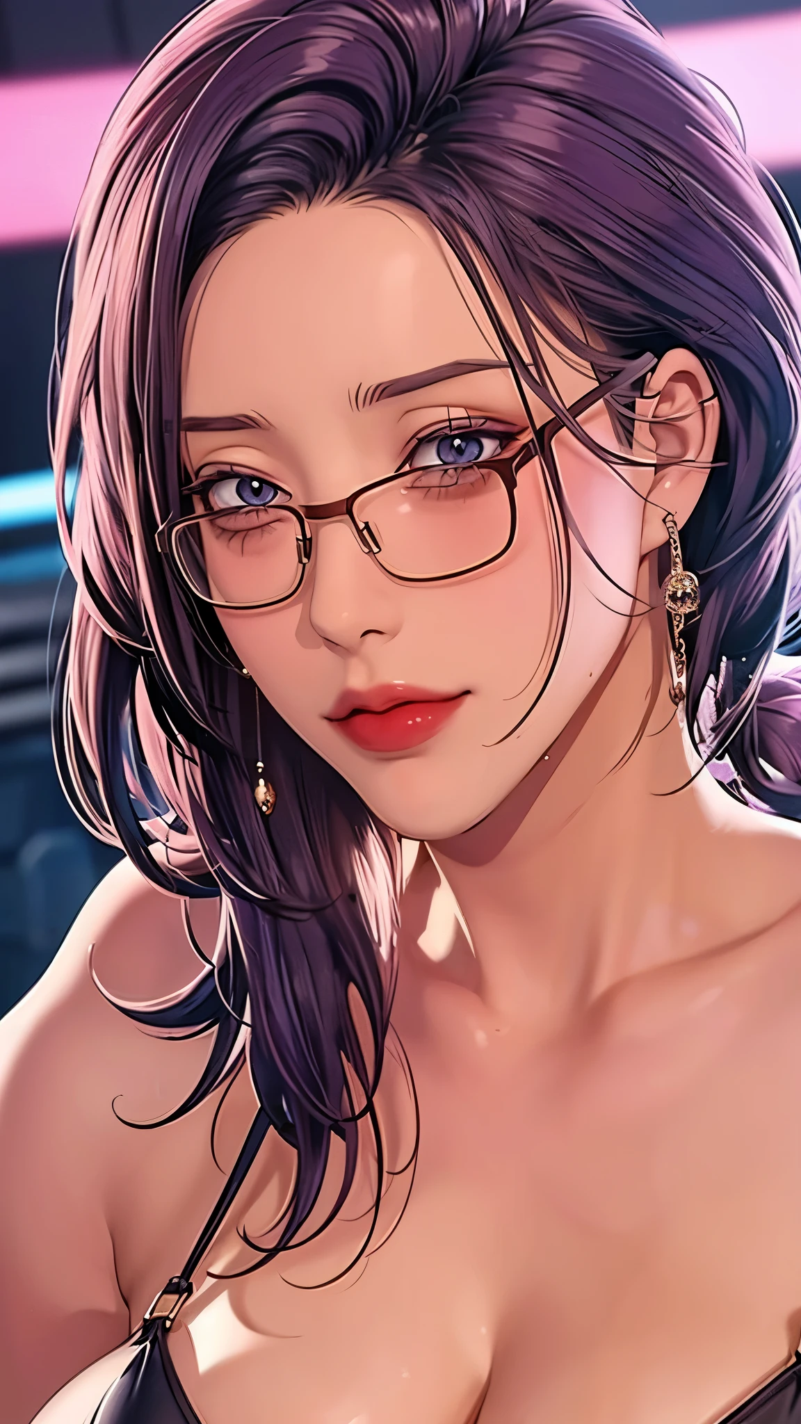 （（（Perfect figure，figure， （（（JMT,Glasses,purple hair,short hair,purple eyes,）））型figure:1.7））），((masterpiece)),high resolution, ((Best quality at best))，masterpiece，quality，Best quality，（（（ Exquisite facial features，looking at the audience,There is light in the eyes，Happy，nterlacing of light and shadow，huge boobs））），（（（looking into camera，)）））