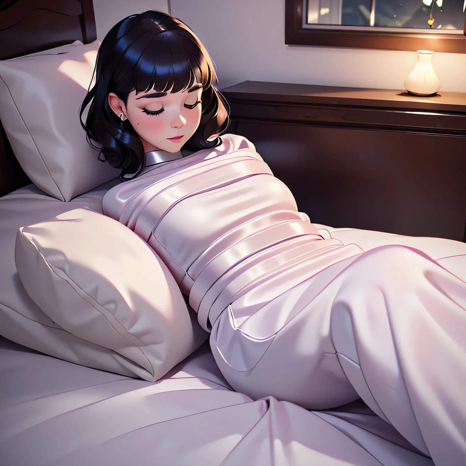 best quality,4k,8k,highres,masterpiece:1.2,ultra-detailed,realistic:1.37,a girl wrapped in a satin sleepsack,beautiful detailed eyes,beautiful detailed lips,extremely detailed face,long eyelashes,sleeping peacefully,soft and luxurious fabric,shiny and smooth surface of the satin,subtle folds and drapes of the material,wrapping her body tightly,constricting her movement,peaceful and serene expression on her face,dreamy and tranquil atmosphere,gentle ray of moonlight illuminating the scene,subtle shadows cast by the folds of the satin,precise and lifelike details of the folds,subtle texture of the satin's surface,sublime color gradient of the satin,soothing and delicate color palette,subdued and calming lighting,touch of delicacy in the composition,dream-like and ethereal ambiance,bondage