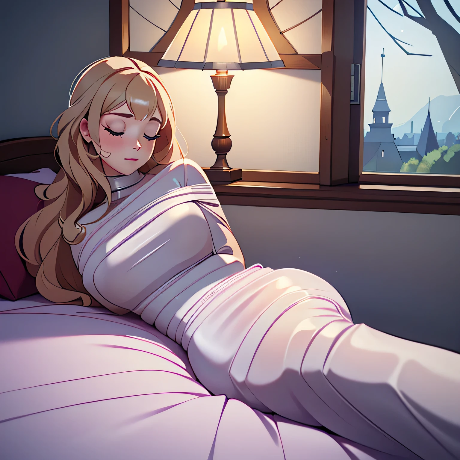 best quality,4k,8k,highres,masterpiece:1.2,ultra-detailed,realistic:1.37,a girl wrapped in a lace sleepsack,beautiful detailed eyes,beautiful detailed lips,extremely detailed face,long eyelashes,sleeping peacefully,soft and luxurious fabric,shiny and smooth surface of the satin,subtle folds and drapes of the material,wrapping her body tightly,constricting her movement,peaceful and serene expression on her face,dreamy and tranquil atmosphere,gentle ray of moonlight illuminating the scene,subtle shadows cast by the folds of the satin,precise and lifelike details of the folds,subtle texture of the satin's surface,sublime color gradient of the satin,soothing and delicate color palette,subdued and calming lighting,touch of delicacy in the composition,dream-like and ethereal ambiance,bondage