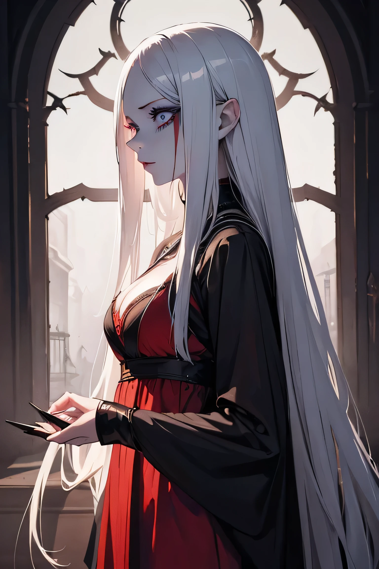 (highres:1.2), ultra-detailed, realistic, girl, long white hair, wide ears, blue eyes, red Egyptian makeup , short dress, scary, detailed facial features, pale skin, dark surroundings, eerie atmosphere, mysterious lighting, horror art style, emphasized shadows, spooky ambiance