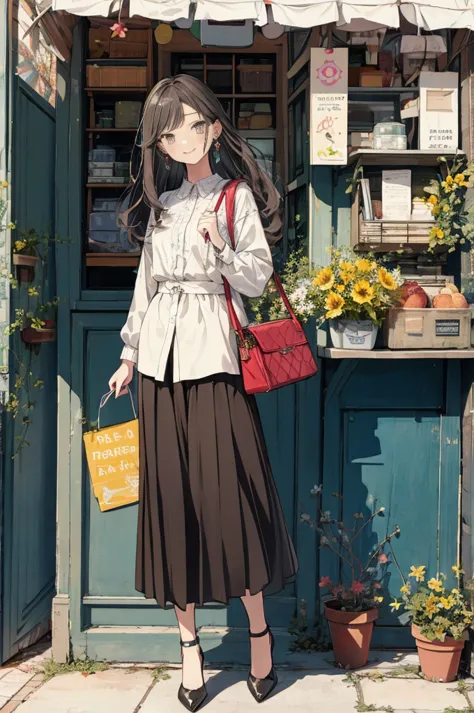 (masterpiece:1.2), highest quality,pixiv,sweet girl , 1 girl, flower, cup, have, Braid, brown hair, bag, high heels, food, jewel...