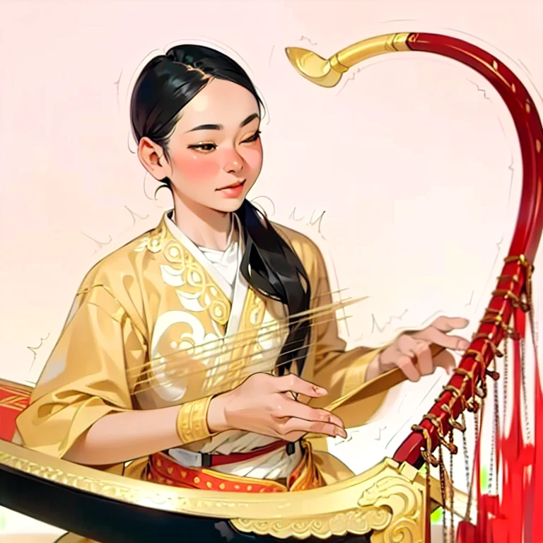 详细演示如何使用缅甸竖琴传统艺术.  仪器