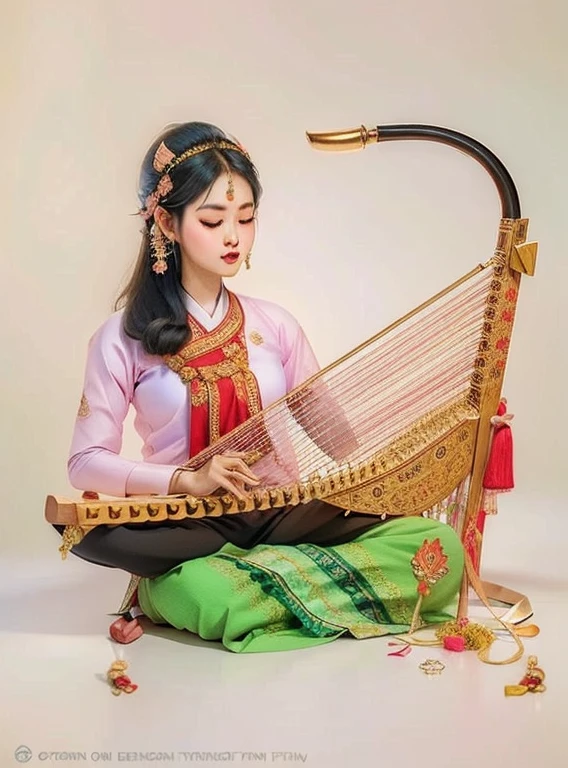 버마 하프 전통 예술을 자세하게 다루고 사용하는 방법 시연.  악기