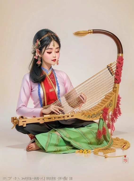 Demonstração detalhada de como manusear e usar a arte tradicional da harpa birmanesa.  instrumentos