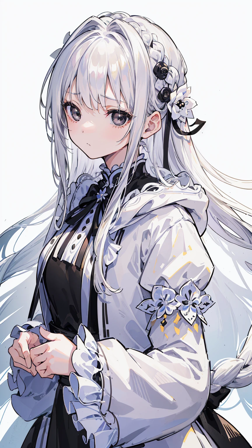 (Top image quality)、(Super detailed)、(facing forward)、top quality、​Masterpiece、(((1 girl )))、、girl with、silver hair、white hair、((long hair))、braid、(black eyes:1.6)、(White and black cheongsam)、hoodie dress、Lots of frills、Lots of ribbons、white ribbon、She has a cold face、Fluffy and loose hair