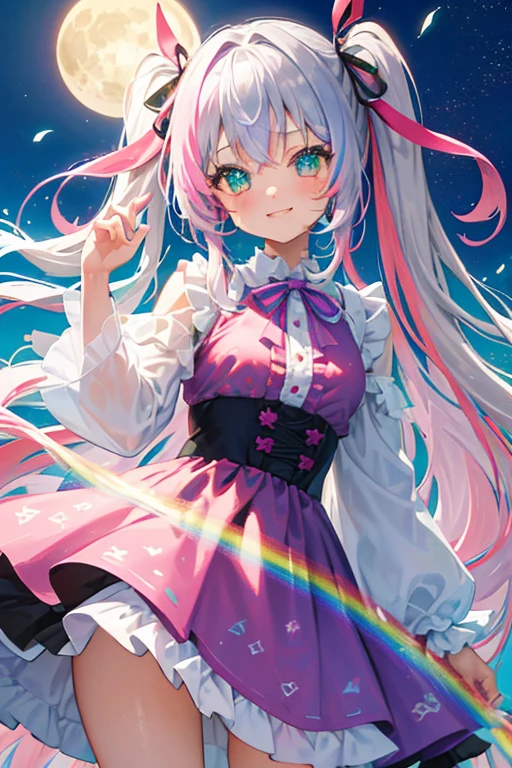 (rainbow colored hair, colorful hair, half silver、half pink hair: 1.2), ,long hair、(Cinematic digital artwork: 1.3), high quality, table top, Turquoise eyes、最high qualityの, Super detailed, figure, [4K digital art]!!、 Kyoto animation style, one woman, clavicleの美しさ, clavicle, light, want, blue sky, positive, Dead leaves dance、full moon、See-through、（pink and yellow、Gothic Lolita)、scarlet polka dot unset, motivation, shine, dynamic perspective、Blue glasses、Green ribbon、twin tails、embarrassed face、cute face、happy face