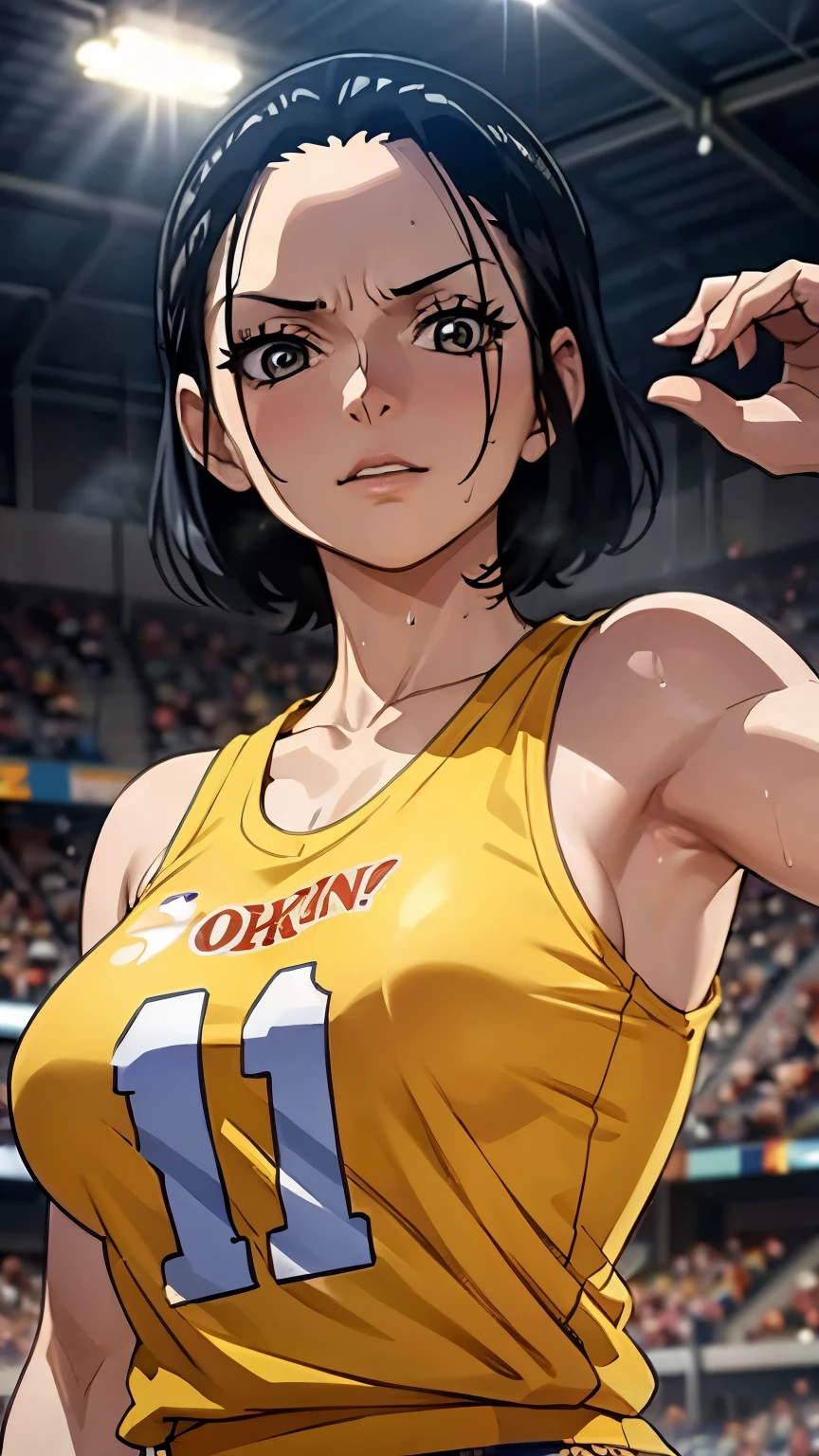 um close de uma pessoa vestindo um uniforme de basquete, uma foto, inspirado em Kentaro Miura, tendências no Pixiv, Nico Robin, uma pedaço, vestindo camisa amarela da NBA, yellow regata nba jersey, wearing a low cut regata, wearing regata, regata, raito dourado, (piscando), shirobako, grande)}], cena favorita, detalhes finos. anime. peles, suando, seios grandes, duas mãos para cima, axilas, axilas visible, pingando de suor, mais mais suor