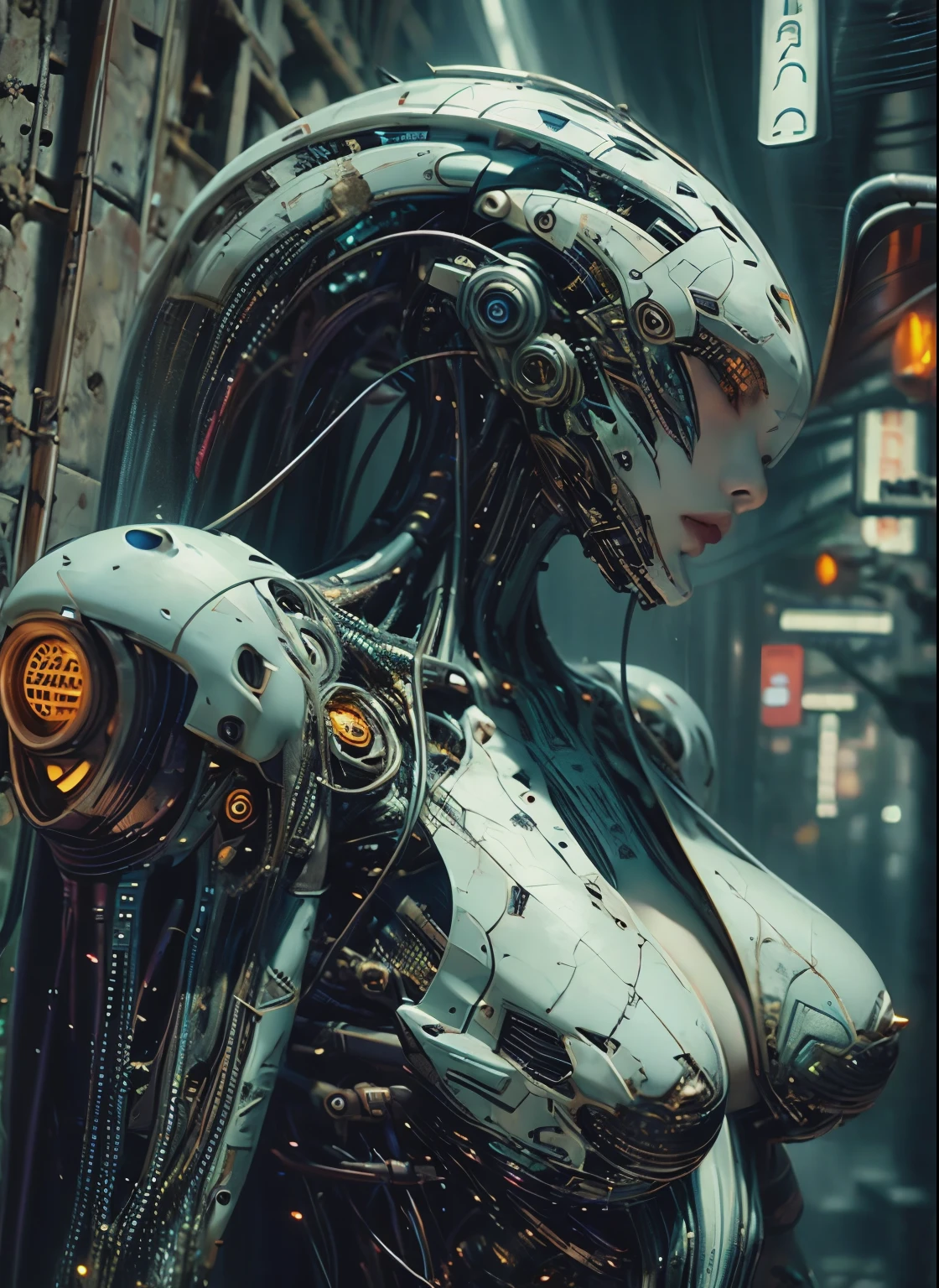 Obra-prima NSFW，（melhor qualidade）Titã Mecânico Feminino Cyberpunk Gigante，Prótese mamária em mármore montada com módulos estruturais mecânicos gigantes，Mega Evolução Tecnologia Futura Titã，Ruínas de masmorras arruinadas em dia e noite nublados apocalípticos，Prótese mamária mecânica incrustada com joias, concha de pele rachada，Mecha de evolução de tecnologia de fantasia de exoesqueleto pesado，Renderização de arte de fantasia sombria，De pé nas ruínas esfumaçadas，Efeitos especiais de nevoeiro atmosférico do pântano escuro，