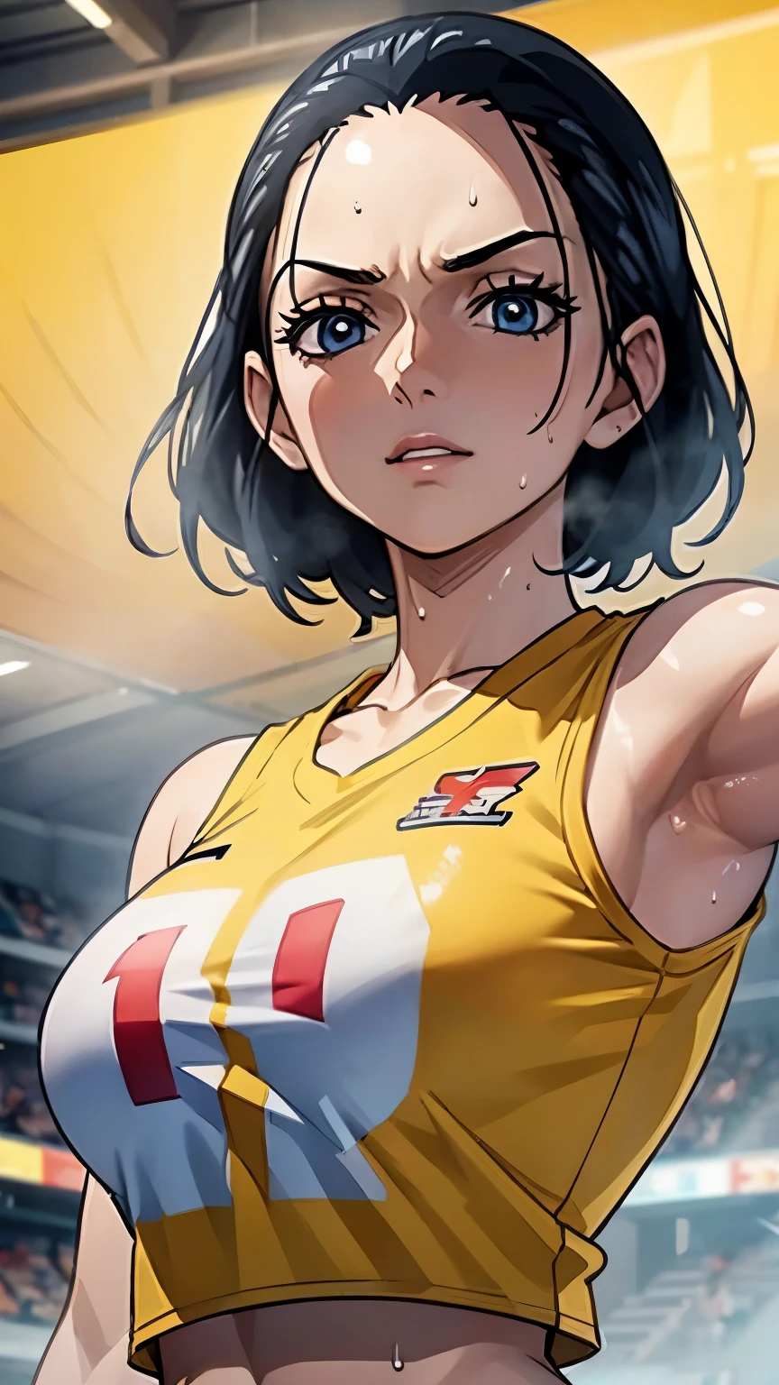 a close up of a person wearing a basketball uniform, a picture, inspired by Kentaro Miura, trending on pixiv, Nico Robin, One Piece, wearing yellow nba jersey, yellow croptop nba jersey, wearing a low cut croptop, wearing croptop, croptop, golden raito, (winking), shirobako, large)}], favorite scene, fine details. anime. skins, sweating, big breasts, two hands up, armpits, armpits visible, dripping with sweat, more more sweat