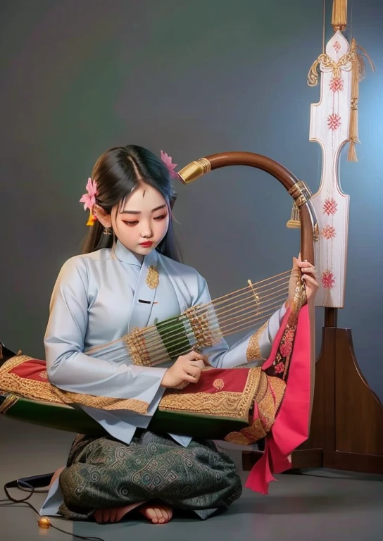 버마 하프 전통 예술을 자세하게 다루고 사용하는 방법 시연.  악기
