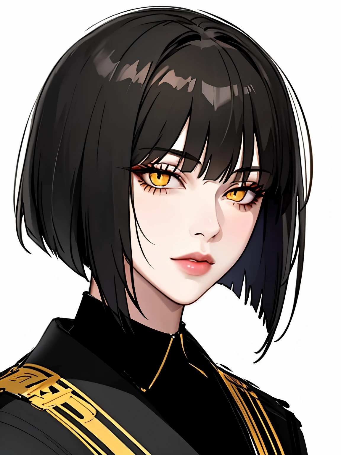 1 girl, villain, yellow eyes, bangs, 鈍いbangs, bob cut, closed mouth, lips, looking at the viewer, portrait, short hair, sketch, solo, black military uniform, portrait，40 years old