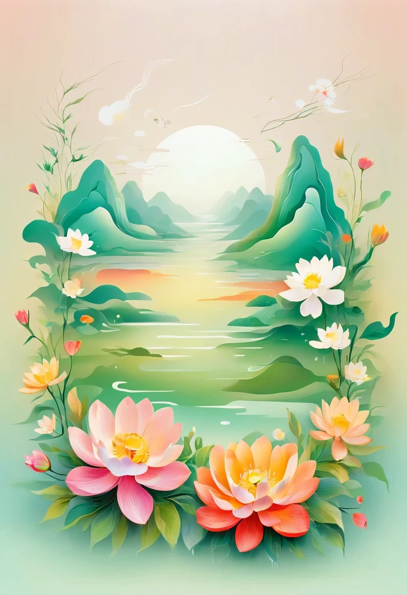 (vector art:1.5),a poster，In the background is a colorful landscape and a mountain, pale gradient design, minimal background, simple background, solid color background, beautiful gradient, iPhone 15 background, Vibrant colors with smooth gradients, Simple background, Simple and clean illustration, 4k high definition illustration wallpaper, poster background, by Cheng Jiasui, abstract scene design