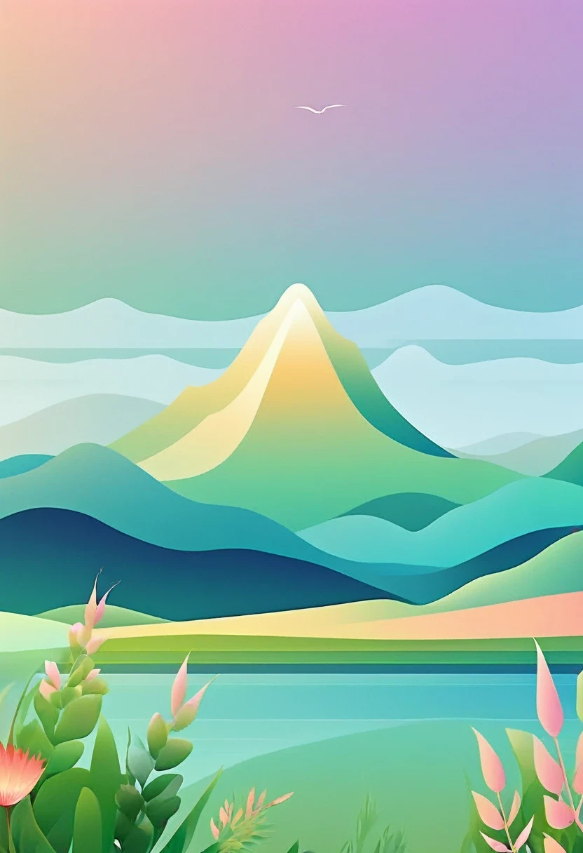 (vector art:1.5),a poster，In the background is a colorful landscape and a mountain, pale gradient design, minimal background, simple background, solid color background, beautiful gradient, iPhone 15 background, Vibrant colors with smooth gradients, Simple background, Simple and clean illustration, 4k high definition illustration wallpaper, poster background, by Cheng Jiasui, abstract scene design