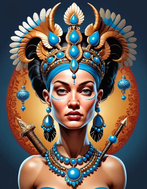 Vector Cartoon Illustration of a Amazon woman warrior with Vintage ornaments, surreal, by Gottfried Helnwein, Jean-Baptiste Carp...