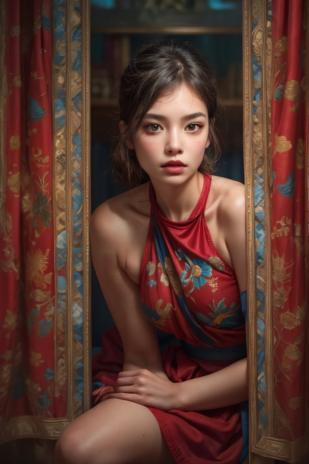 (Best Quality, 4K, 8K, High Resolution, Masterpiece: 1.2), (Super Detailed, Realistic, Photorealistic:1.37)A captivating young girl, donning a striking ensemble of red and blue, stands before a window with an air of toughness and determination. Her enchanting eyes are exquisitely detailed, capturing every glimmer and depth, while her lips boast a meticulous beauty that is both captivating and alluring. The level of detail extends to her entire face, each contour and feature meticulously rendered to perfection, creating a sense of hyper-realism that draws the viewer in. 

The girl's attire, reminiscent of oil painting art, is a work of art in itself. The fabric, skillfully crafted to resemble vibrant brushstrokes, adds a touch of dynamism to her overall appearance. It is a true reflection of the artist's talent, showcasing a mastery, (NSFW:1.1), Chignon hairstyle, (beautiful nipples:1.1), (moist skin texture:1.2)