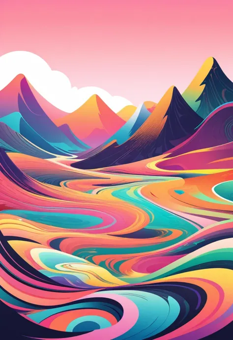 (vector art:1.5),a poster，in the background is a colorful landscape and a mountain, pale gradient design, minimal background, si...