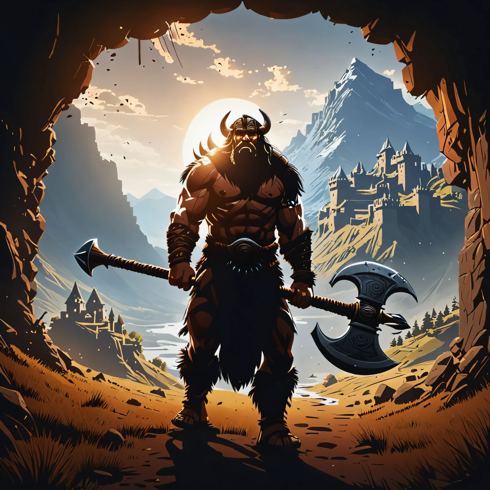 (best quality,4k,highres,masterpiece:1.2), ultra-detailed, realistic, vectorized (barbarian:1.1), dark cave exit, large shiny axe, light reflecting off armor, mountains, castle background, full dark silhouette, vector art