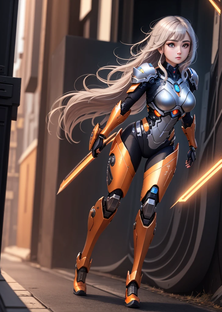 best quality, 8k, photography, beautiful eyes, detailed eyes, giant 3d printer, 1girl, cyborg, full body, perfect body, running, medium breasts, top viewer, orange and black armor