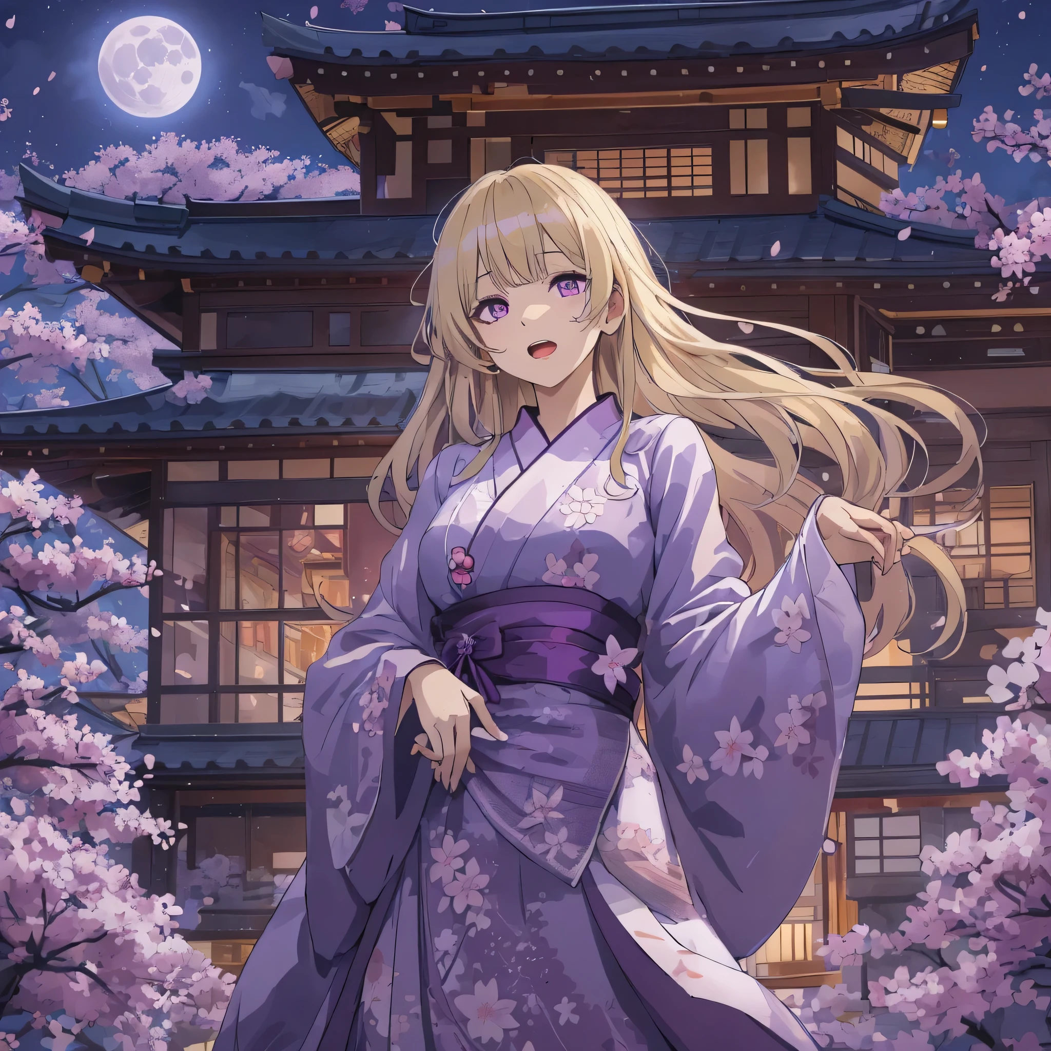 Illustration of Yakumo yukari, small details, 4k,beautiful girl, white woman,Western-style building, cherry blossom, full moon,highest quality, purple eyes, dress,long hair,purple dress,yukari yakumo,masterpiece,intricate details, beautiful and detailed face, See-through, looking at the viewer, open your mouth,dull bangs, Happy, Are standing, cowboy shot,blonde hair,