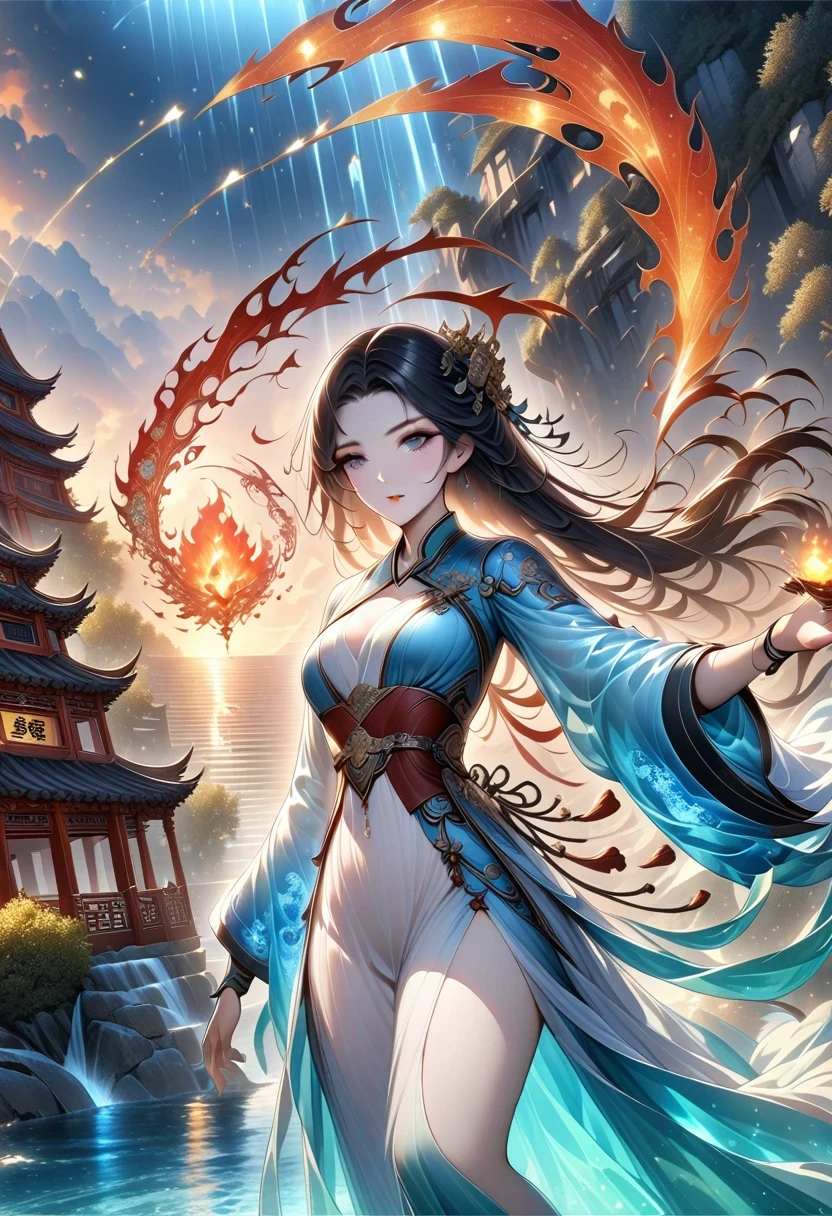official art, unity 8k wallPaper, Super detailed, Beautiful and beautiful, masterpiece, best quality, (fire, water, ribbon, Paper cutting), (fractal art:1.3) 1 girl,architecture, (alone:1.5), Chinese_clothing, Sky, outdoor, Wide_sleeve, Black_hair, Sunset, (come down_foliage:1.2), Entern, (Paper_lEntern:1.5),blue Sky, (outdoor:1.5),hanfu, (Rainbow Candy:0.8), (Style Swirl Magic:0.8),