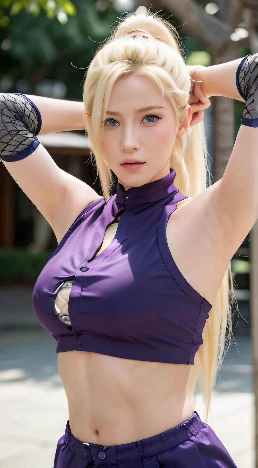 Ino yamanaka, naruto \(series\), naruto shippuuden, anime art style, masterpiece, purple shirt, shirt, ponytail long hair, blonde, forehead protector, neckband, konohagakure symbol on neckband, 1girl, solo, bangs, Looking at the Audience, closed mouth, elbow sleeve, eyes visible through hair, floating hair, foreshortening, blue eyes, hair intakes, parted bangs, blonde hair, medium breasts, v-shaped eyebrows, detailed background, outdoor, konohagakure, sky, (ultra detailed), (8k, intricate), (85mm), light particles, lighting, full body, (highly detailed:1.2), (gradients), sfw, colorful, (detailed background), (rule of third_composition:1.3), (Line of action:1.2), daylight, solo, sexy posing