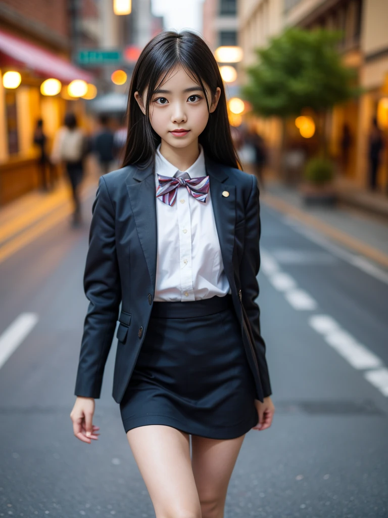 (masterpiece, highest quality:1.4), award-winning portraits, 8K, 85mm, alone, beautiful face, delicate girl, , (dark navy blazer jacket), dark navy skirt, long sleeve, violaces, gardenia, grace, Sophisticated, cute, teen, looking at the viewer, 15 years old, Raw photo, disorganized, HDR, sharp focus, A bow tie, background bokeh、(((flat 、thin and delicate body、A childish atmosphere)))、shiny semi-long hair、hair swaying in the wind、Mole on the left cheek、large, round, dark blue eyes、full body、random pose、Run、(sprinting、Skirt fluttering in the wind)、Junior idol、Nogizaka Idol、widening skirt、jump、mole under eye、Under a starry sky、on the observation deck