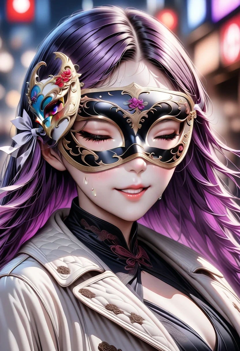 ((Customized eye mask)), ((pattern mask)), ((patterned eye mask)), string hair ribbon, purple hair, ((actual)), ((photorealism)), ((photoactual)), ((role play)), ((real life)), 1 girl, alone, eyes closed, black hair, colorful hair, blush, fur trim, fur-trimmed coat, Smile, coat, purple hair, long hair, ((eye mask)), Bangs, Keep your mouth shut, bow, flying sweat beads, white coat, ribbon, bandage, bicolor hair, Upper body, white bow, hair accessories