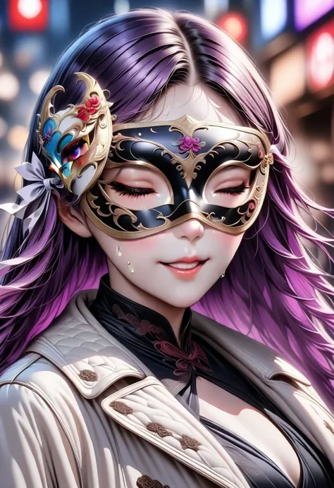 ((Customized eye mask)), ((pattern mask)), ((patterned eye mask)), string hair ribbon, purple hair, ((actual)), ((photorealism))...