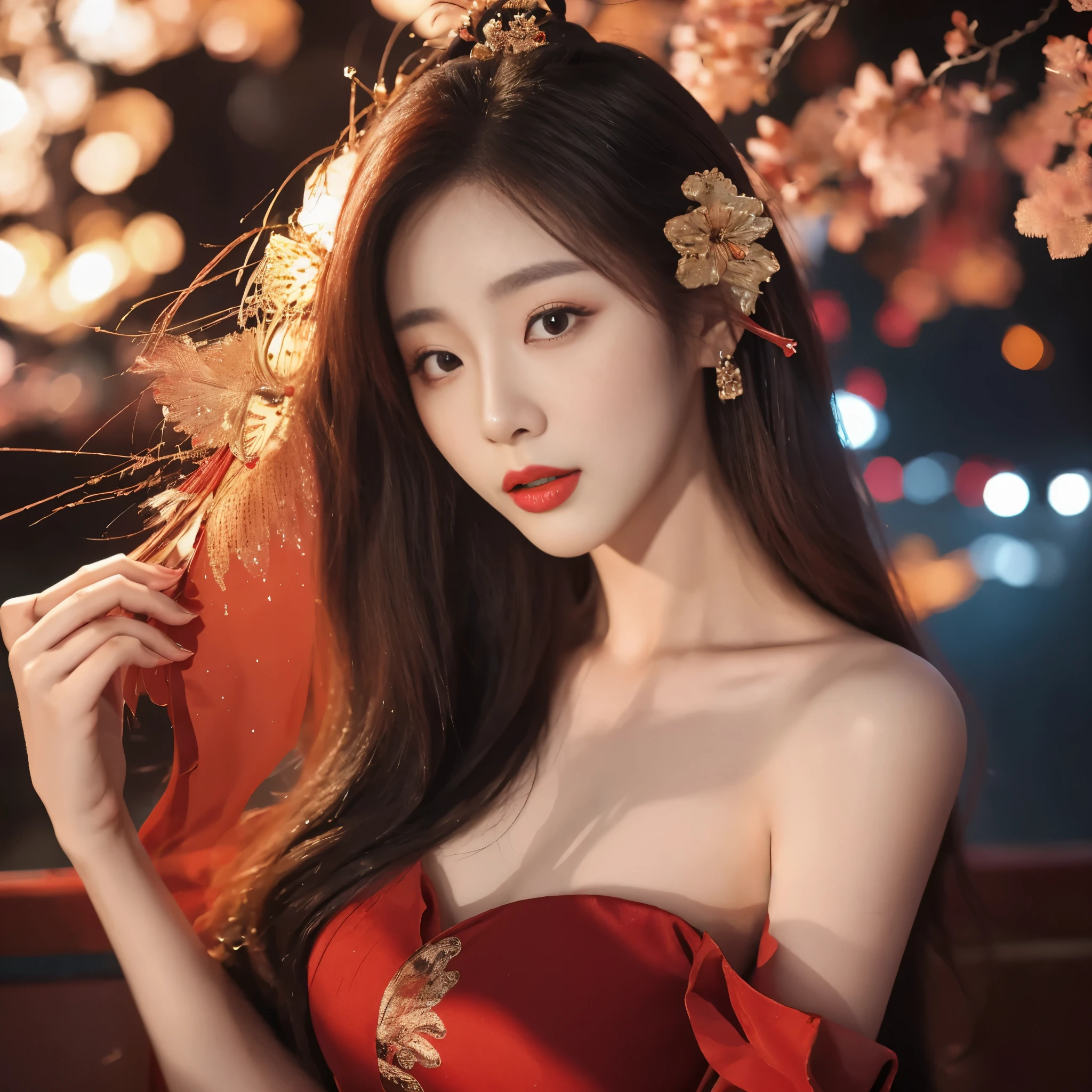 Close-up of a woman in a red dress posing for a photo, beautiful south korean woman, beautiful young korean woman, gorgeous young korean woman, korean girl, beautiful asian girl, Asian girl with long hair, glow red, 8k artistic german bokeh, Chinese girl, korean woman, Urzan, beautiful asian woman, Gorgeous Chinese model, high quality portraits