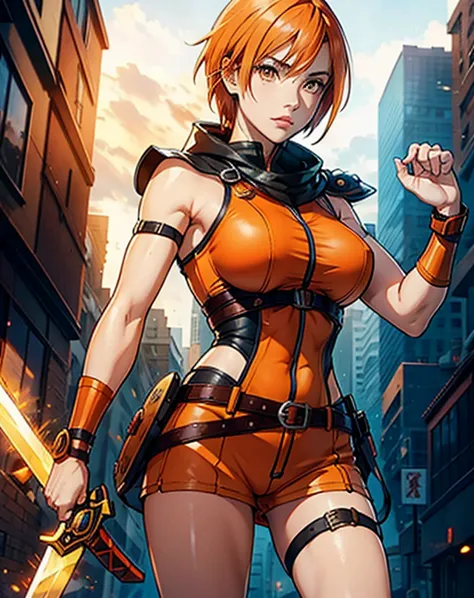 amazon warrior, woman, hero outfit, sword and shield, orange hair