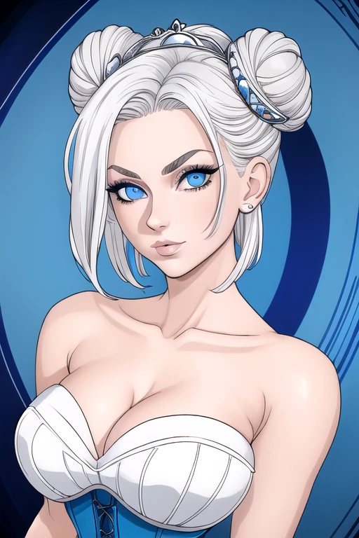 (masterpiece, 4k, high quality, colorful, super detailed eyes and face:1.2), 1girl, solo, 26 year old Scandinavian woman, Short blonde hair, bun-like hairstyle, bright blue eyes, big breasts, buxom chested, cleavage, strapless dark blue dress, corset, exposed shoulders, silver tiara, white stash, upper body shot
