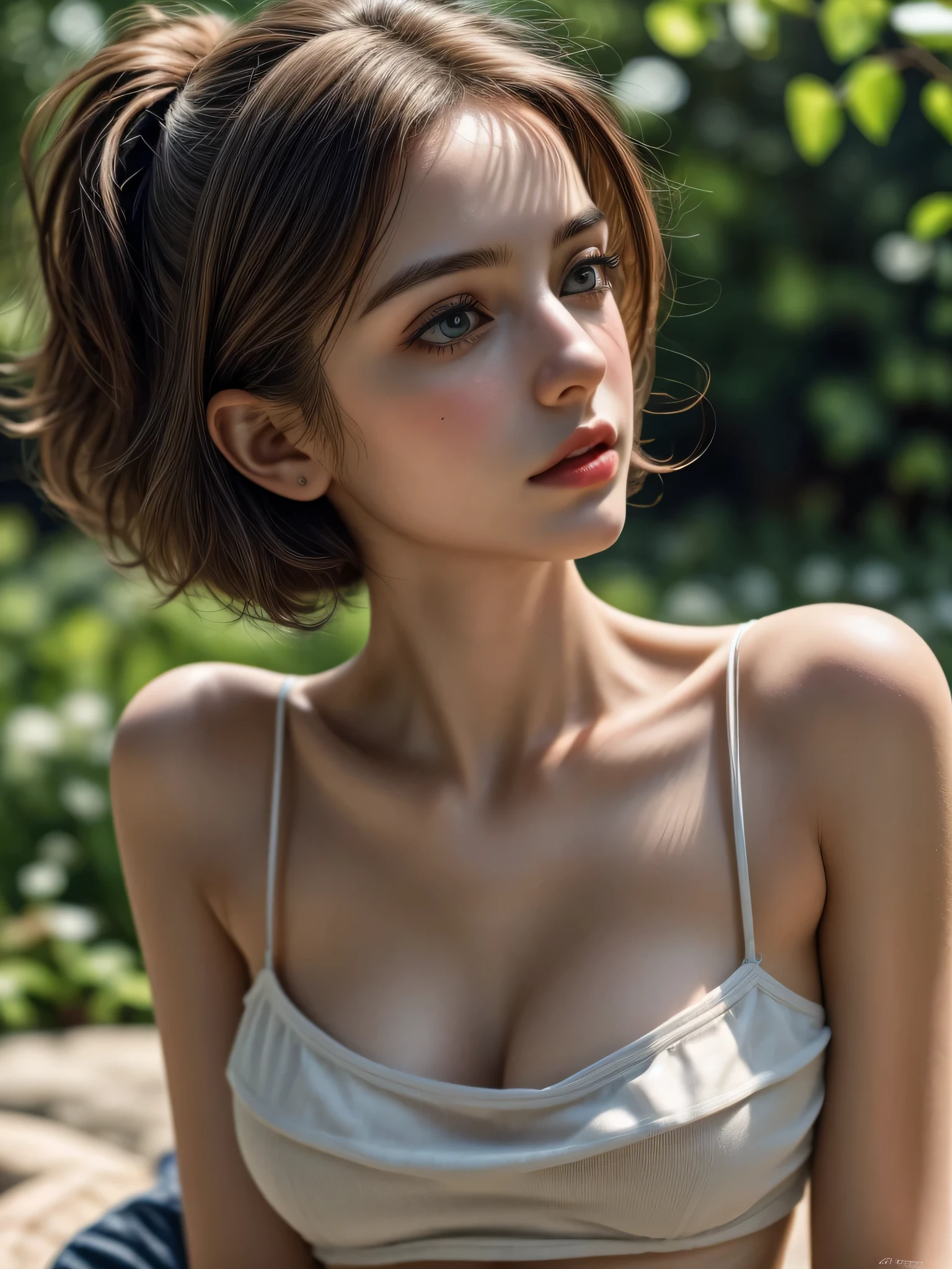 (Masterpiece, best quality, photorealistic, highres, photography, :1.3), very close-up shot, sharp focus, 1 brunette girl, European girl, hot model, midriff, highly detailed eyes and pupils, realistic skin, slim body shape, cleavage, extremely detailed short hair, delicate sexy face, sensual gaze, shiny lips, ((wearing camisole)), outdoor, ((realistic, super realistic, realism, realistic detail))