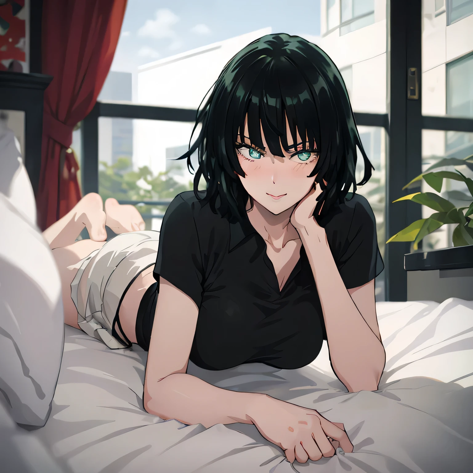 1 girl, narrow waist, sexy hips, full body view, Fubuki laying in bed with her face blushing while she looks at the viewer, she is smiling in a flirty manner, kind of signaling with her eyes to come to bed with her, masterpiece, no blurring, ultra HD, smooth, perfect