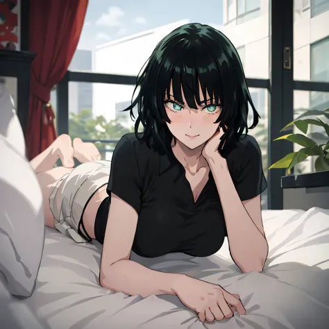 1 girl, narrow waist, sexy hips, full body view, fubuki laying in bed with her face blushing while she looks at the viewer, she ...