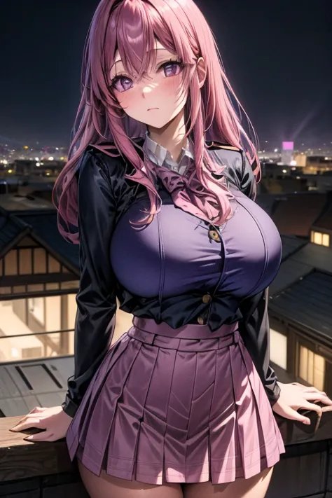 A pink haired woman with violet eyes in an hourglass figure is wearing a conservative student uniform is studying on the roof at...