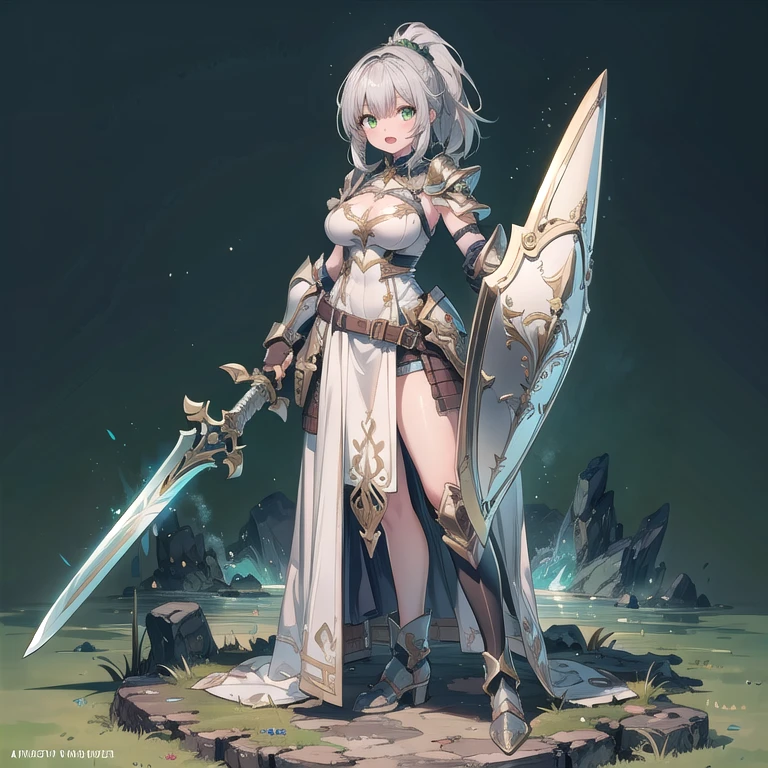 1girl, armor, weapon, sword, holding, solo, breastplate, holding-weapon, long-hair, ponytail, grey-hair, holding-sword, open-mouth, fingerless-gloves, shoulder-armor, full-body, gloves, dress, boots, standing, helmet, armored-boots, white-dress, ((shield)), ((big breasts) 1:1), ((green-eyes))