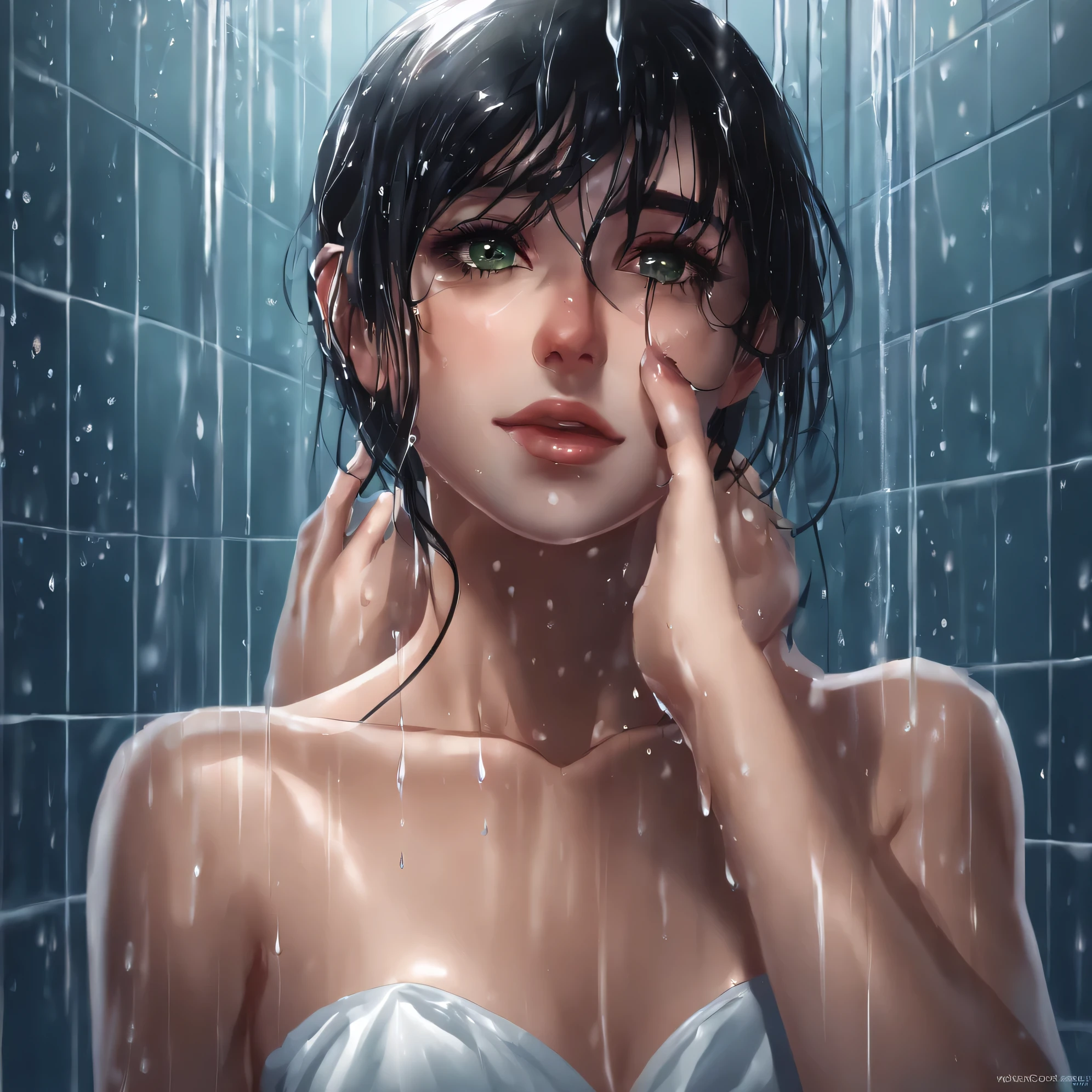 Anime girl in the shower with green eyes - SeaArt AI