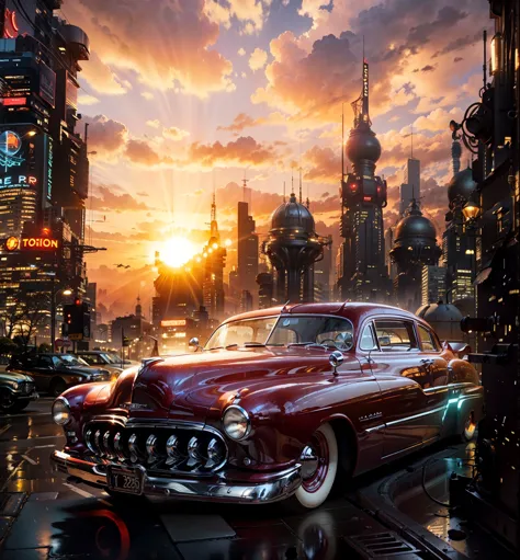 A Red brilliant Mercury 1949 sport car headlights on in the foreground, in the background is a sci fi city with a lot of buildin...