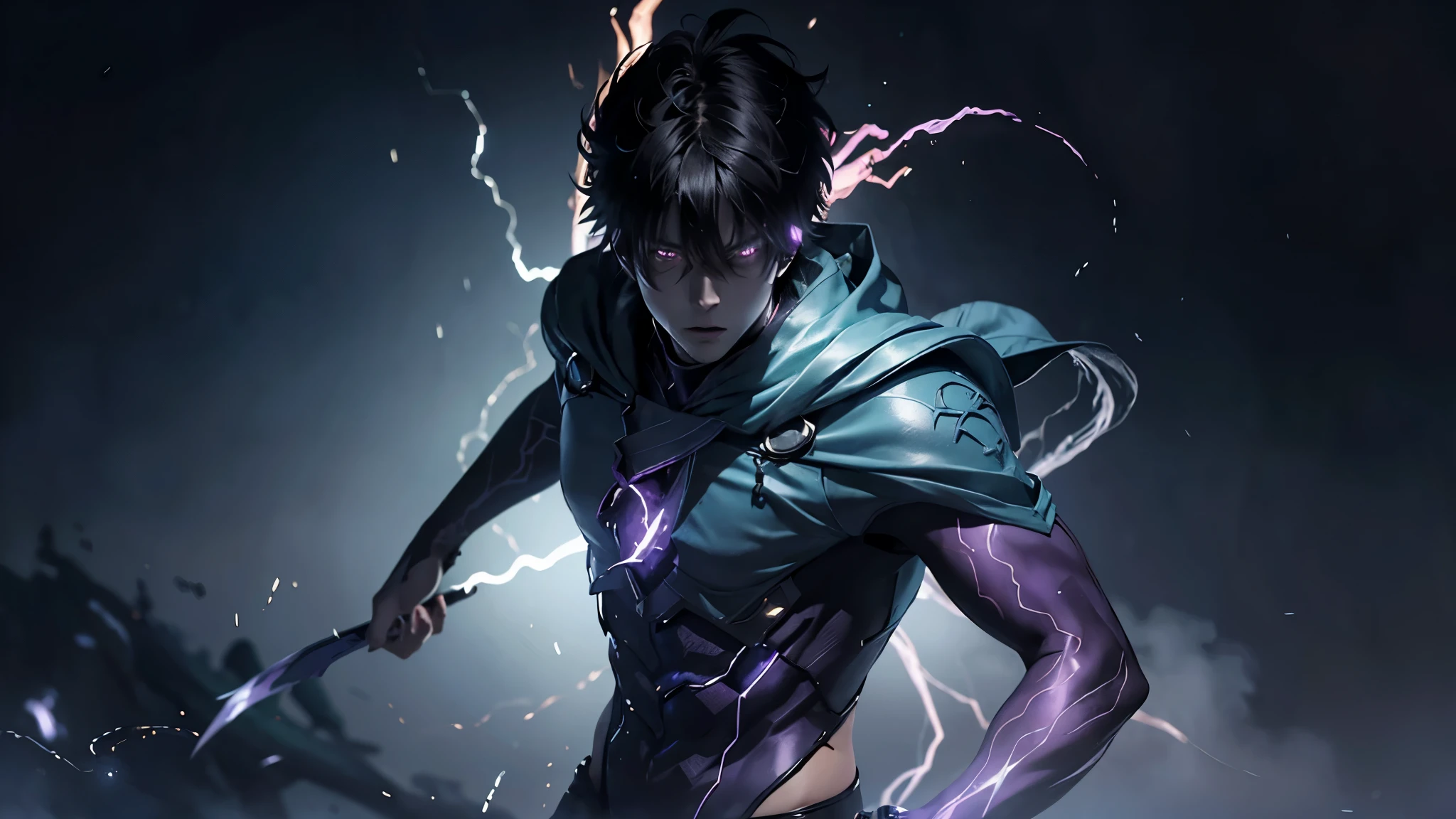 epic anime style, purple lightning, evil temperament, 20-year-old male shadow assassin, glowing black aura, shadow supervisor, handsome face, brilliant and majestic. Beautiful standard body and complete body structure. full body shot of a man with lightning in his hand, an epic anime about a purple energy man, in a battle stance with dark hair and glowing eyes looking at the viewer. Cool Gapmoe Yandere, menacing look, gintama's Hijikata Toushirou, inspired by Masanobu Okumura, the originator of the anime art style, Nobutaka Ike, the night war rages behind him. Highest image quality 8K, details everything 8K.