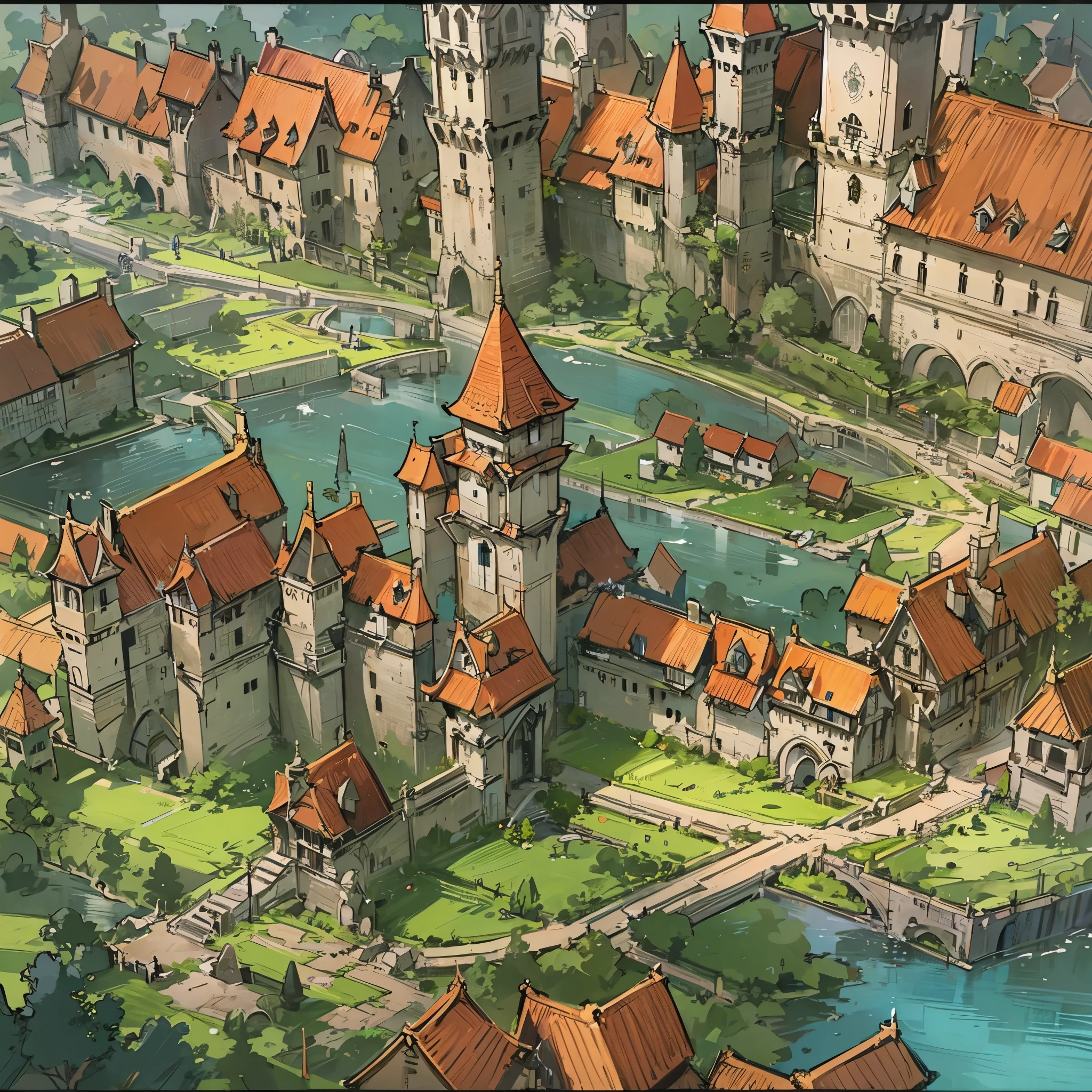 A castle(European medieval castles)，The castle has a moat around it.。Medium shot composition，Panorama pictures，Scene screen，game concept art style，Anime illustration style，Marker style，HD，4K。