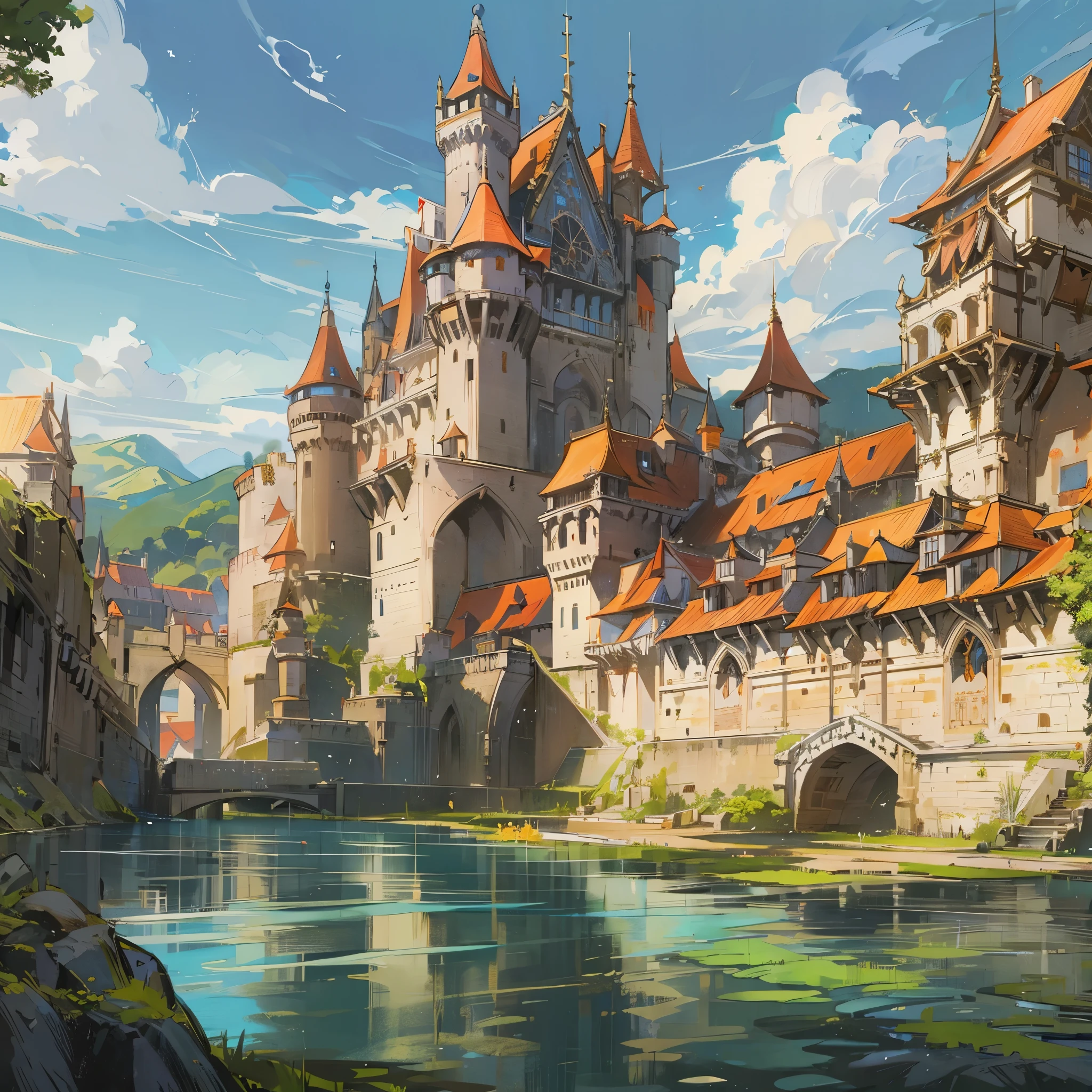 ein Schloss(Europäische mittelalterliche Burgen)，Das Schloss ist von einem Wassergraben umgeben.。Mittlere Aufnahmekomposition，Panoramabilder，Szenenbildschirm，Konzeptkunststil des Spiels，Anime-Illustrationsstil，Markierungsstil，HD，4K。