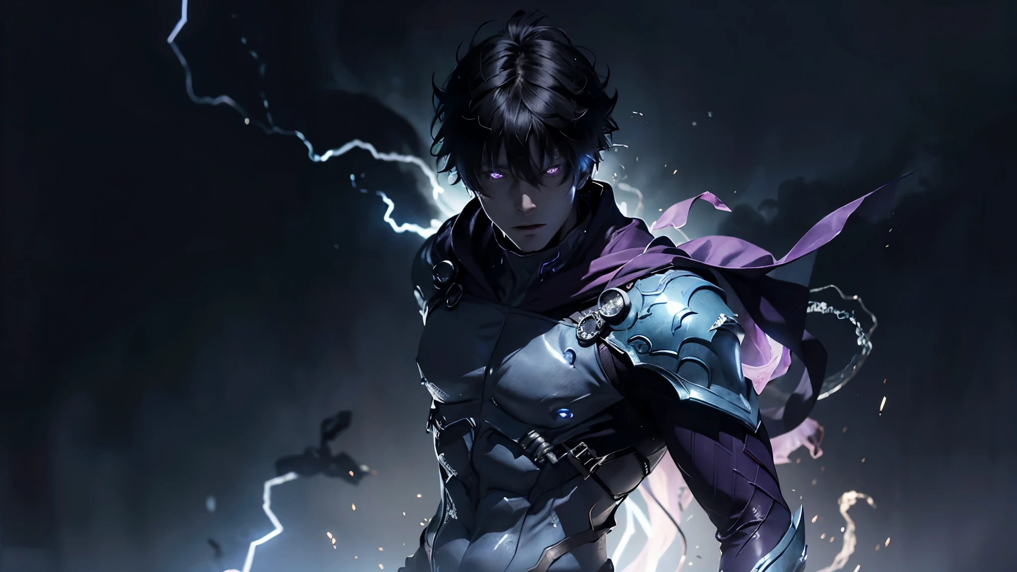 epic anime style, purple lightning, evil temperament, 20-year-old male shadow assassin, glowing black aura, shadow supervisor, handsome face, brilliant and majestic. Beautiful standard body and complete body structure. full body shot of a man with lightning in his hand, an epic anime about a purple energy man, in a battle stance with dark hair and glowing eyes looking at the viewer. Cool Gapmoe Yandere, menacing look, gintama's Hijikata Toushirou, inspired by Masanobu Okumura, the originator of the anime art style, Nobutaka Ike, the night war rages behind him. Highest image quality 8K, details everything 8K.