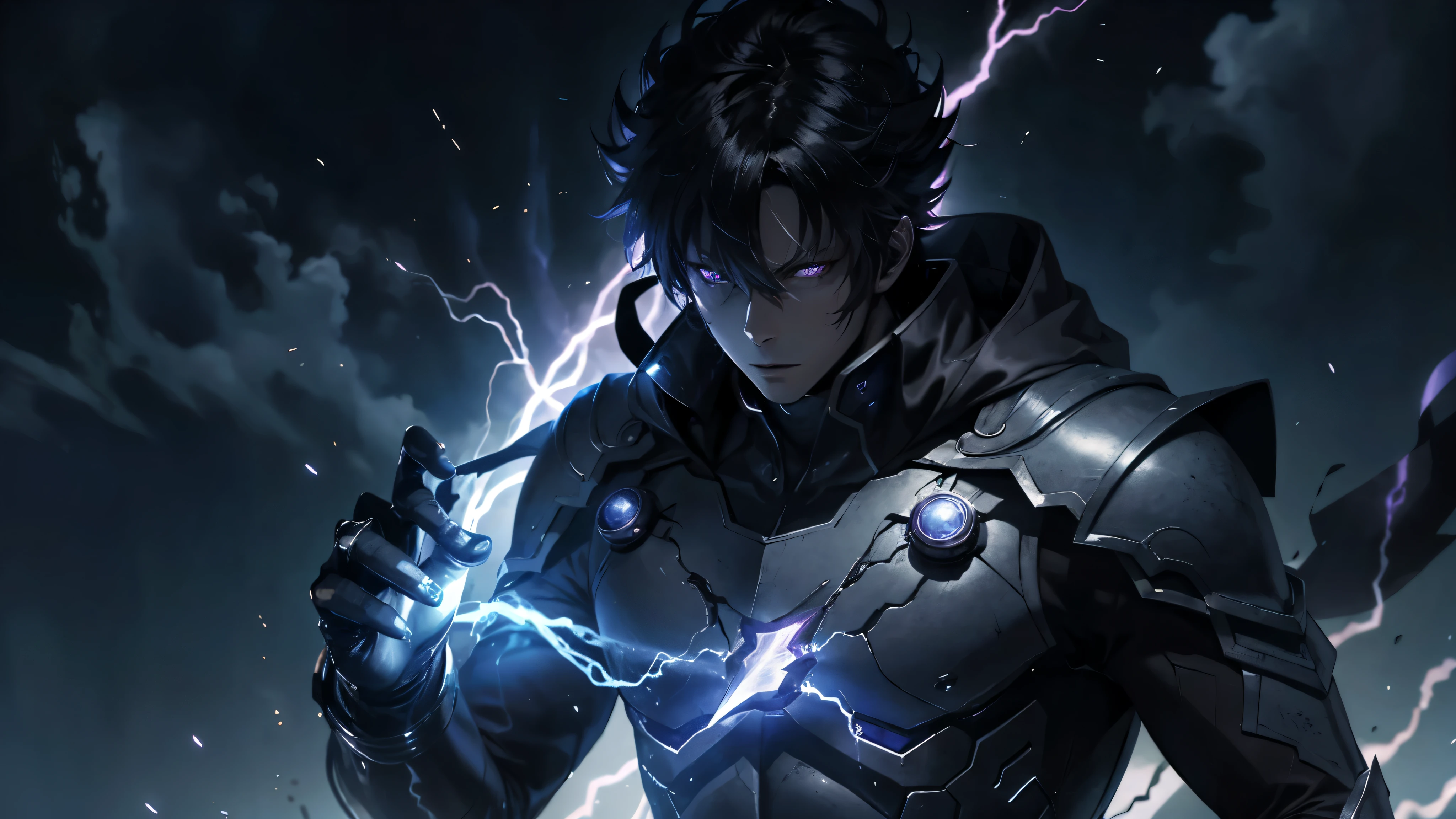 epic anime style, purple lightning, evil temperament, 20-year-old male shadow assassin, glowing black aura, shadow supervisor, handsome face, brilliant and majestic. Beautiful standard body and complete body structure. full body shot of a man with lightning in his hand, an epic anime about a purple energy man, in a battle stance with dark hair and glowing eyes looking at the viewer. Cool Gapmoe Yandere, menacing look, gintama's Hijikata Toushirou, inspired by Masanobu Okumura, the originator of the anime art style, Nobutaka Ike, the night war rages behind him. Highest image quality 8K, details everything 8K.