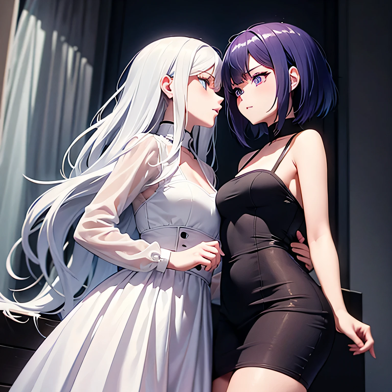 ((best quality)), ((masterpiece)), (detailed), perfect face, 2 girld, lesbian couple, one girl with long white hair and dark blue eyes and is tall and beautiful(long hair), looks fierce and bold, very tall, hot and other girl has short purple hair(short hair) and purple eyes and is cute adorable and is bubbly and shorter, short height, baby face, blushing looks like innocent and shy, kissing, couple, sensual