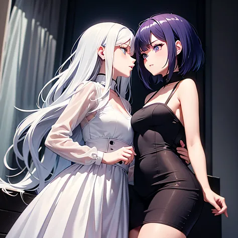 ((best quality)), ((masterpiece)), (detailed), perfect face, 2 girld, lesbian couple, one girl with long white hair and dark blu...