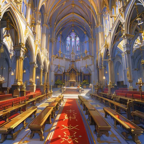 a church(european medieval churches，church)，white walls，sacred and solemn environment，there is a red carpet in the middle，the se...