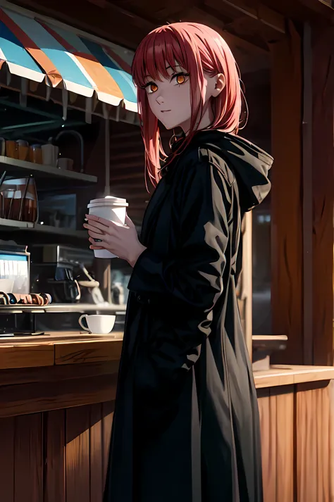 1 girl, solo, coffee shop, holding coffee cup in right hand, black coat, red shirt, shine eyes, son shinning, masterpiece, 8k