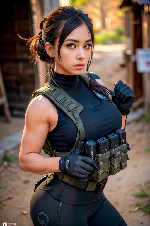 ((portrait shot)) Tacticool, a woman, (vest:1.2), (black yoga pants), military, 4k, high-res, masterpiece, best quality, (head:1.3), finely detailed skin, cleavage, GITSEllie