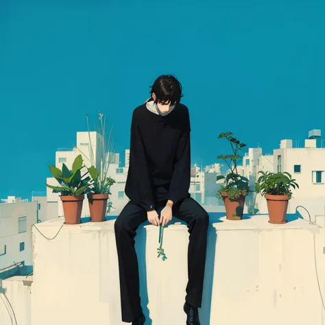 Painting of a man sitting on a ledge，Holding a plant in his hand, conrad roset and makoto shinkai, author：Sergio Burzi, Tatsuro ...